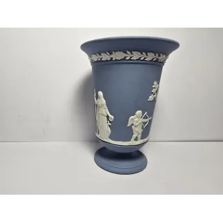 Wedgwood Jasperware Blue & White Pedestal Vase Urn – Classical Relief – Vintage