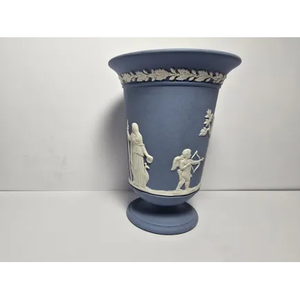Wedgwood Jasperware Blue & White Pedestal Vase Urn – Classical Relief – Vintage