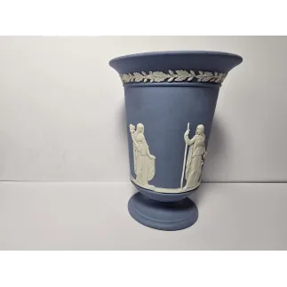 Wedgwood Jasperware Blue & White Pedestal Vase Urn – Classical Relief – Vintage