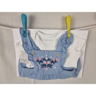 0–3 months baby girl 2-piece outfit – white bodysuit & embroidered blue romper