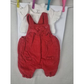 SHEIN baby girl 2-piece outfit (1–3 months) – white ribbed top & red corduroy romper